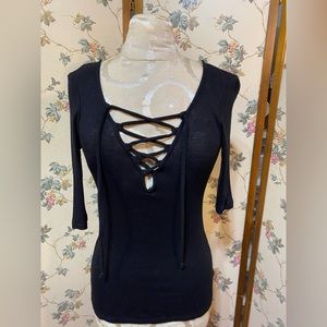 Polly & Esther Lace-Up Black Ribbed Top | Y2K Festival Style Small